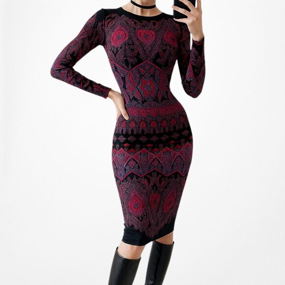 Vintage Y2K Black Purple Long Sleeve Knit Bodycon Tribal Print Dress Size M - Picture 1 of 8